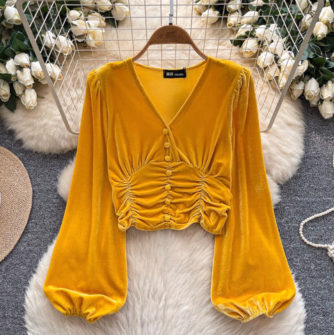 V-neck Pleated Suede Short Shirt