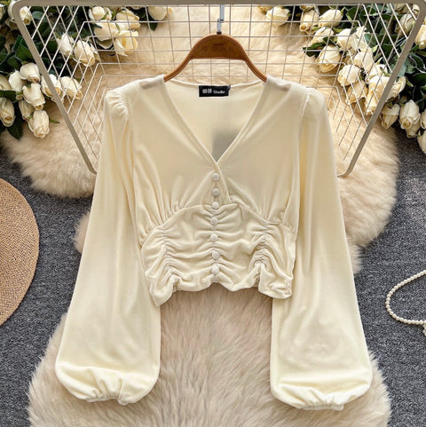 V-neck Pleated Suede Short Shirt
