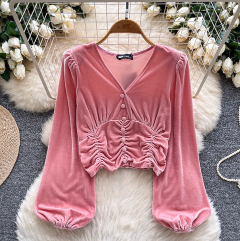 V-neck Pleated Suede Short Shirt