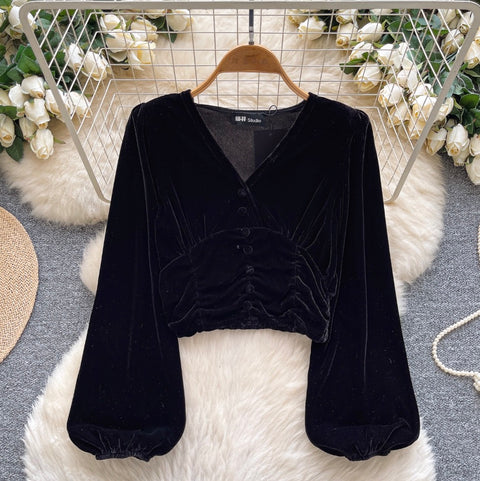 V-neck Pleated Suede Short Shirt