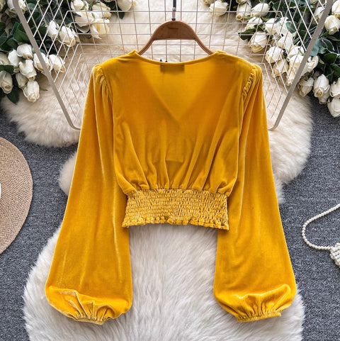 V-neck Pleated Suede Short Shirt