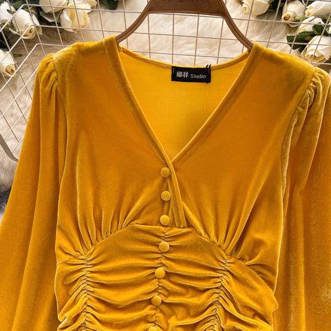 V-neck Pleated Suede Short Shirt