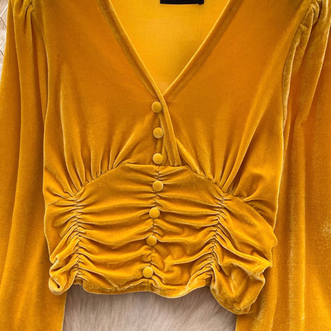 V-neck Pleated Suede Short Shirt