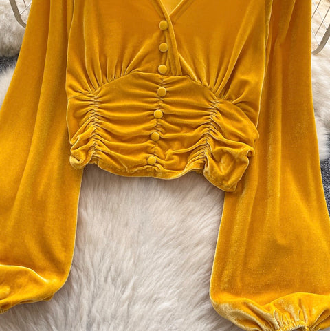 V-neck Pleated Suede Short Shirt