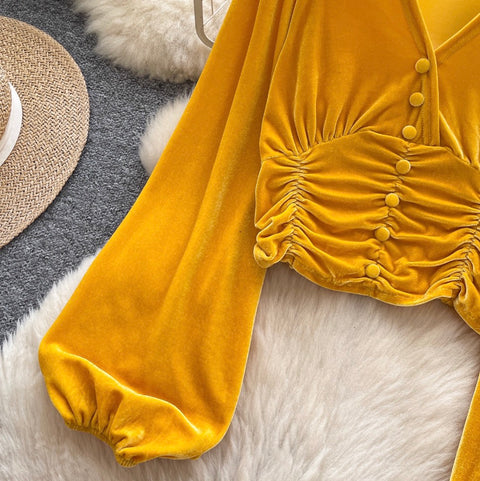 V-neck Pleated Suede Short Shirt