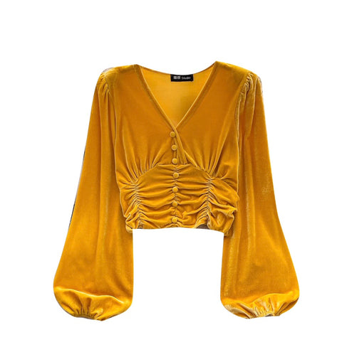 V-neck Pleated Suede Short Shirt