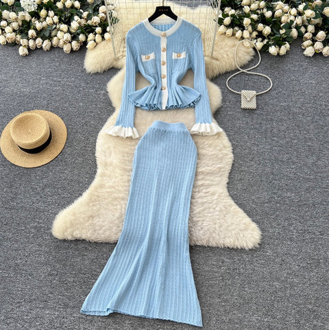 Ruffled Cardigan & Skirt Knitted 2Pcs