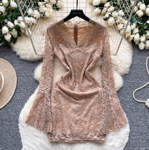 Flared Sleeve V-neck Lace Dress
