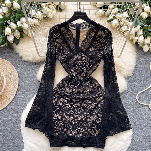Flared Sleeve V-neck Lace Dress