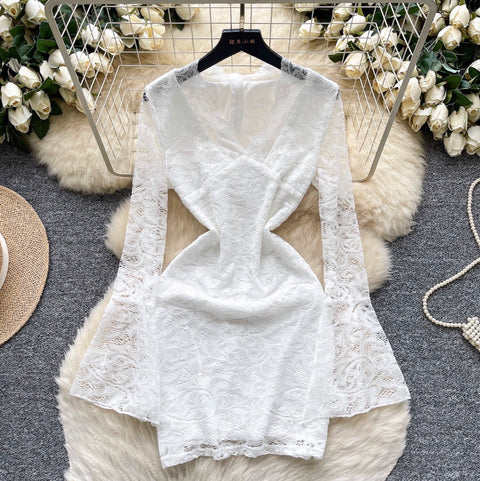 Flared Sleeve V-neck Lace Dress