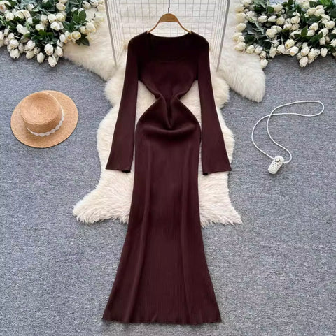 Square Neckline Slim-fit Sweater Dress