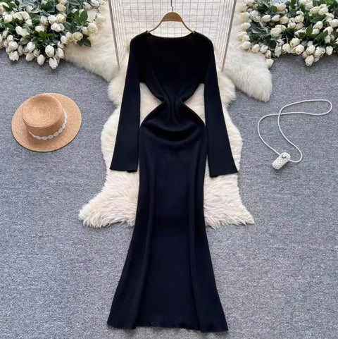 Square Neckline Slim-fit Sweater Dress