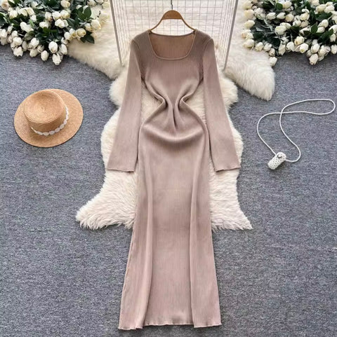 Square Neckline Slim-fit Sweater Dress