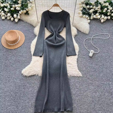 Square Neckline Slim-fit Sweater Dress