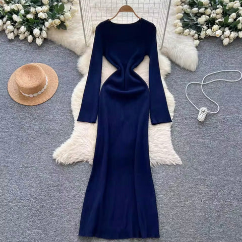 Square Neckline Slim-fit Sweater Dress