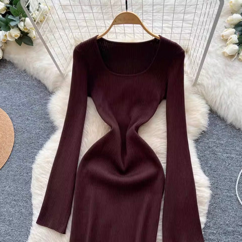Square Neckline Slim-fit Sweater Dress