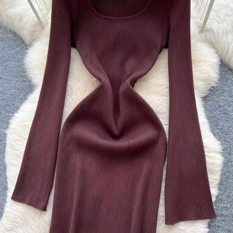 Square Neckline Slim-fit Sweater Dress