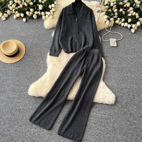 Polo Cardigan & Knit Trousers 2Pcs