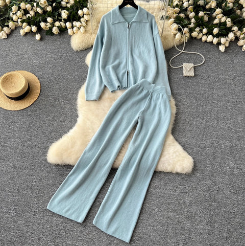 Polo Cardigan & Knit Trousers 2Pcs