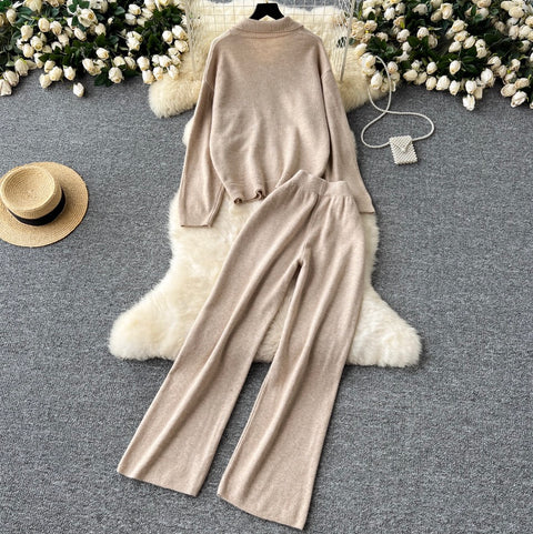 Polo Cardigan & Knit Trousers 2Pcs