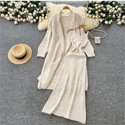 Thickened Cardigan & Slip Dress 2Pcs