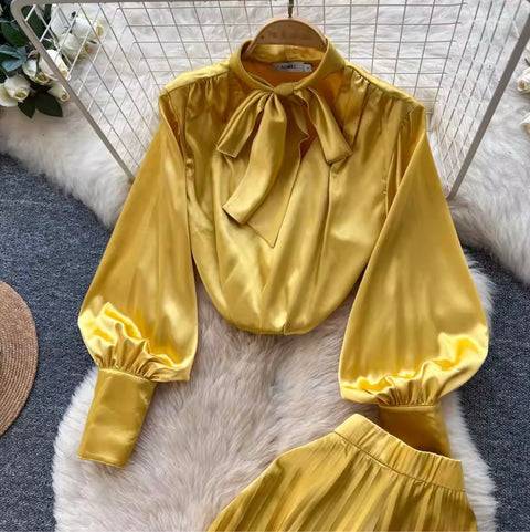 Bow-tie Shirt & Trousers Satin 2Pcs