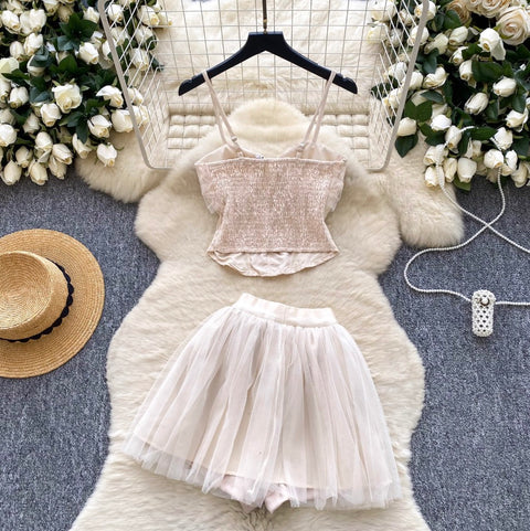 Beaded Camisole & Mesh Skirt 2Pcs