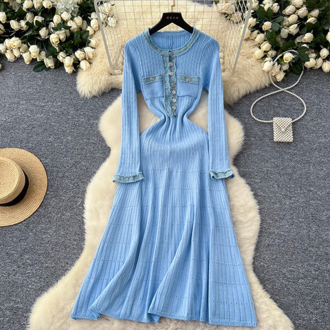 High-end Denim Patchwork Knit Dress