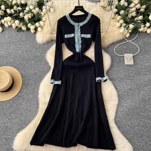 High-end Denim Patchwork Knit Dress
