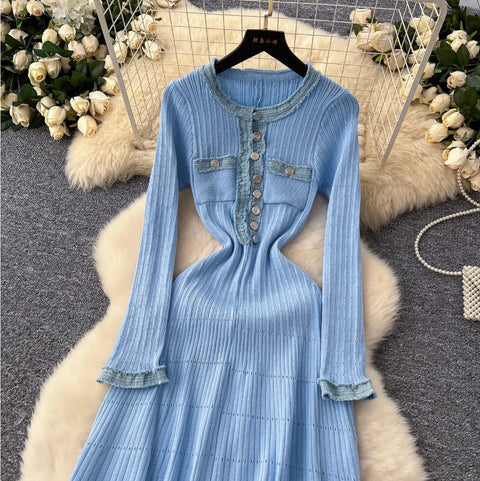 High-end Denim Patchwork Knit Dress
