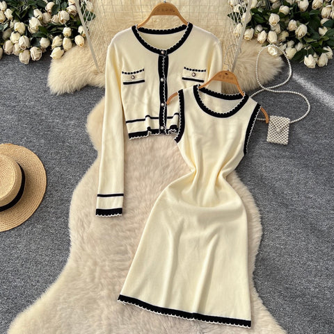 Knitted Vest Dress & Cardigan Dress 2Pcs