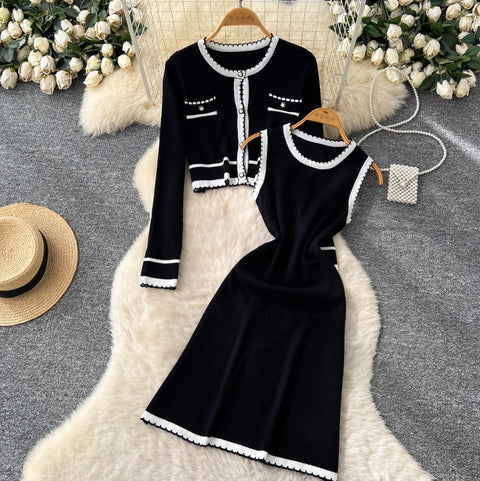 Knitted Vest Dress & Cardigan Dress 2Pcs