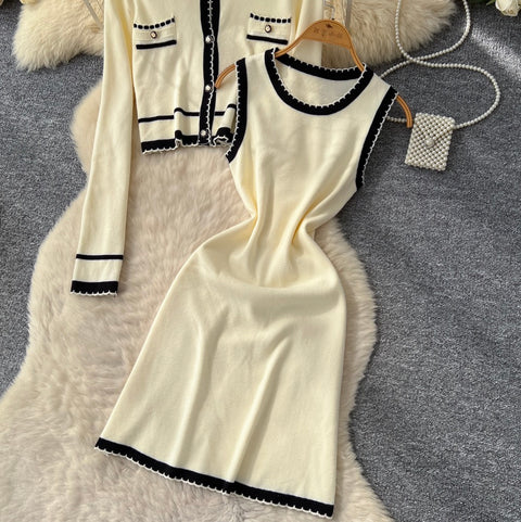 Knitted Vest Dress & Cardigan Dress 2Pcs