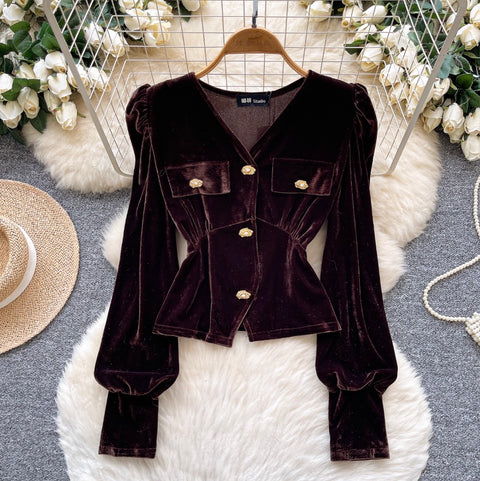 Metal Button V-neck Suede Top