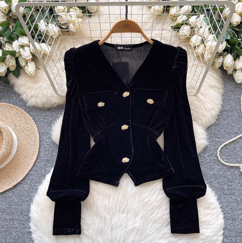 Metal Button V-neck Suede Top