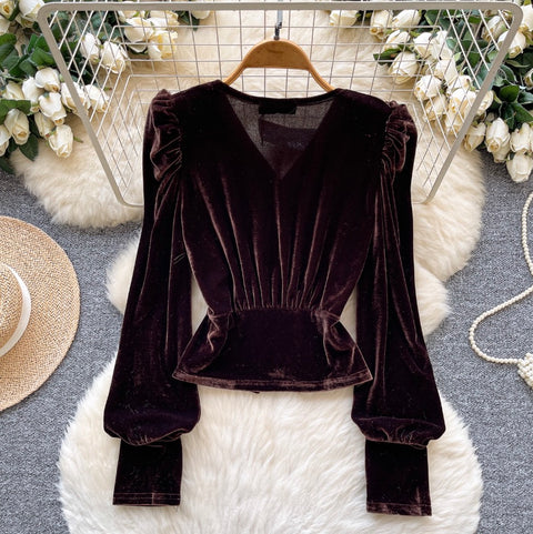 Metal Button V-neck Suede Top