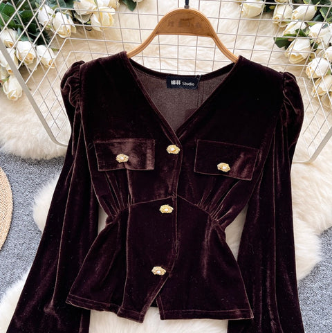 Metal Button V-neck Suede Top