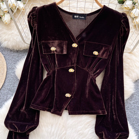 Metal Button V-neck Suede Top