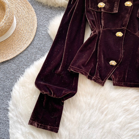 Metal Button V-neck Suede Top