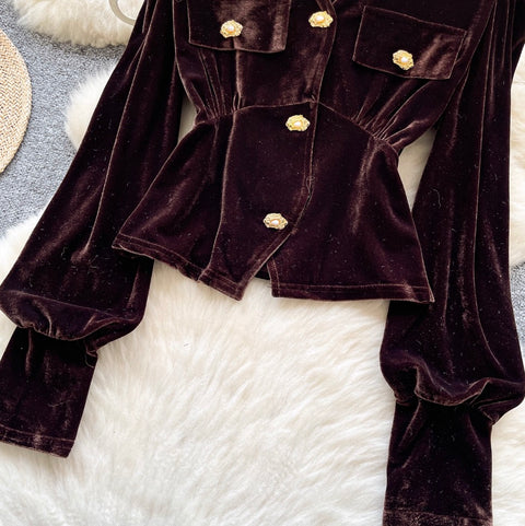 Metal Button V-neck Suede Top