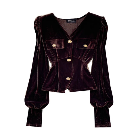 Metal Button V-neck Suede Top