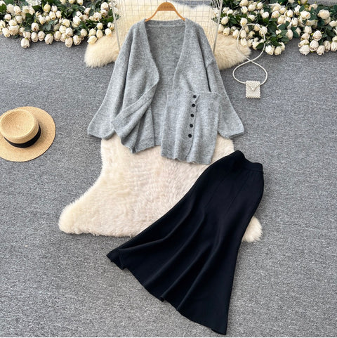 Cardigan & Fishtail Skirt & Camisole 3Pcs
