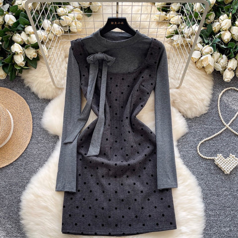Polka-dot Vest Dress & Sweater 2Pcs