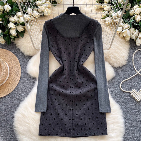 Polka-dot Vest Dress & Sweater 2Pcs