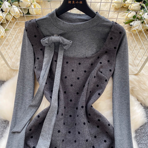 Polka-dot Vest Dress & Sweater 2Pcs