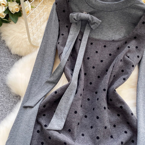 Polka-dot Vest Dress & Sweater 2Pcs