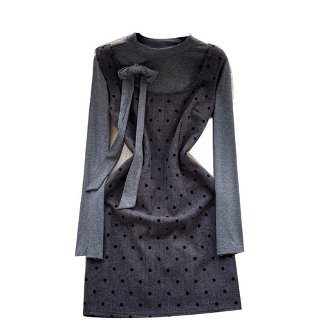 Polka-dot Vest Dress & Sweater 2Pcs
