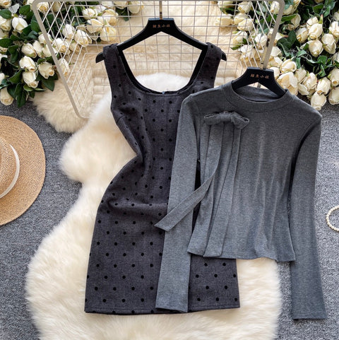 Polka-dot Vest Dress & Sweater 2Pcs