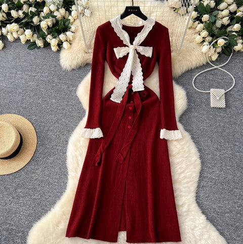 Elegant Bow-tie Lace Knit Dress