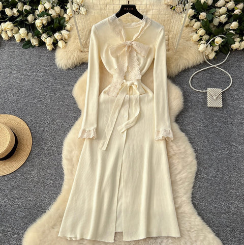 Elegant Bow-tie Lace Knit Dress